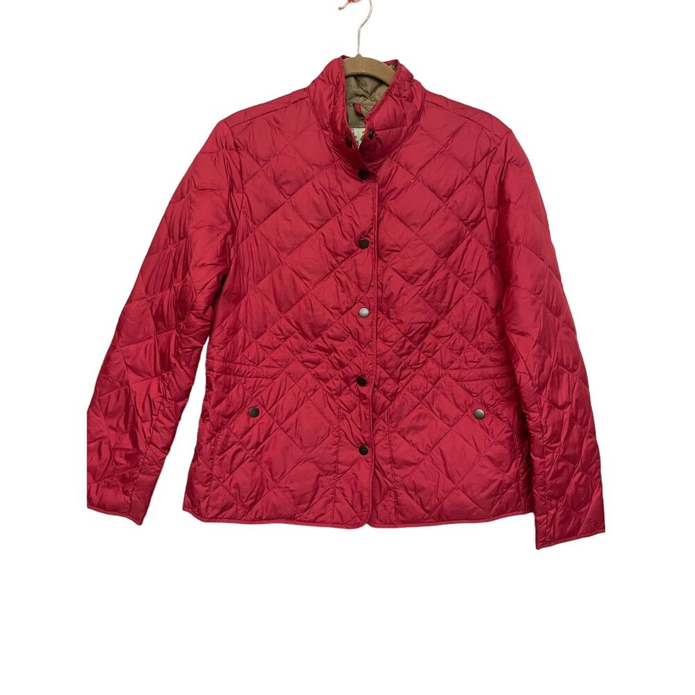 Eddie Bauer woman’s jacket LP red 550 fill power quilted goose down snap front